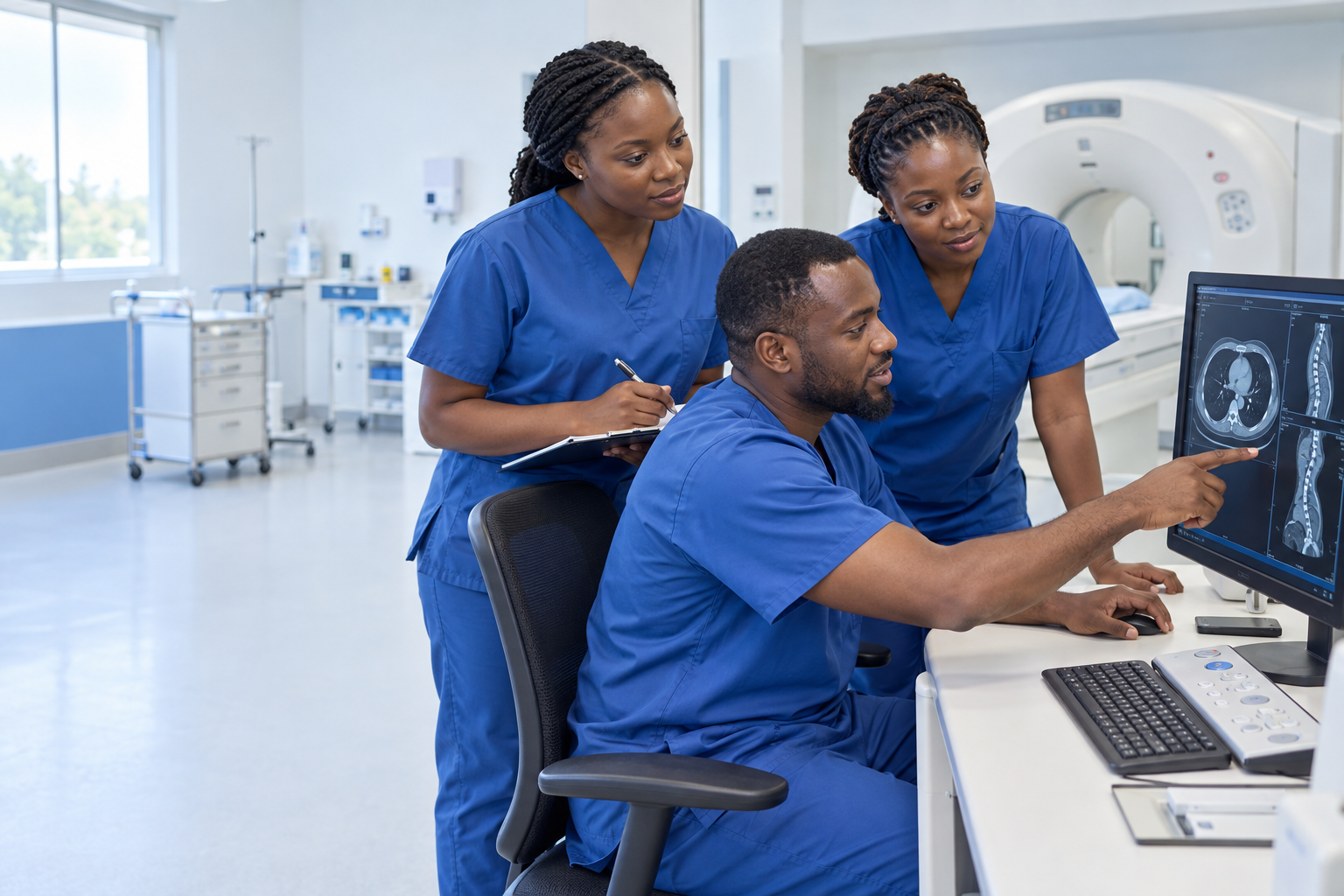 Radiography professionals collaborating in an imaging department